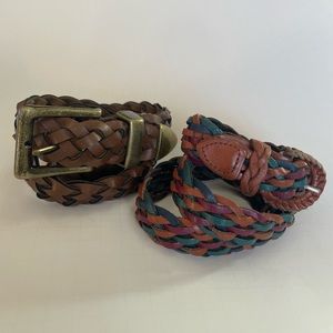 2 BRAIDED LEATHER BELTS UNISEX BROWN GOLD BUCKLE 37” RAINBOW PINK BLUE GREEN 34”